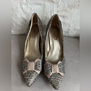 Pre-Owned Ruby Shoo Jenna Women's Heels Metallic Black Silver Gold Bow Size 9